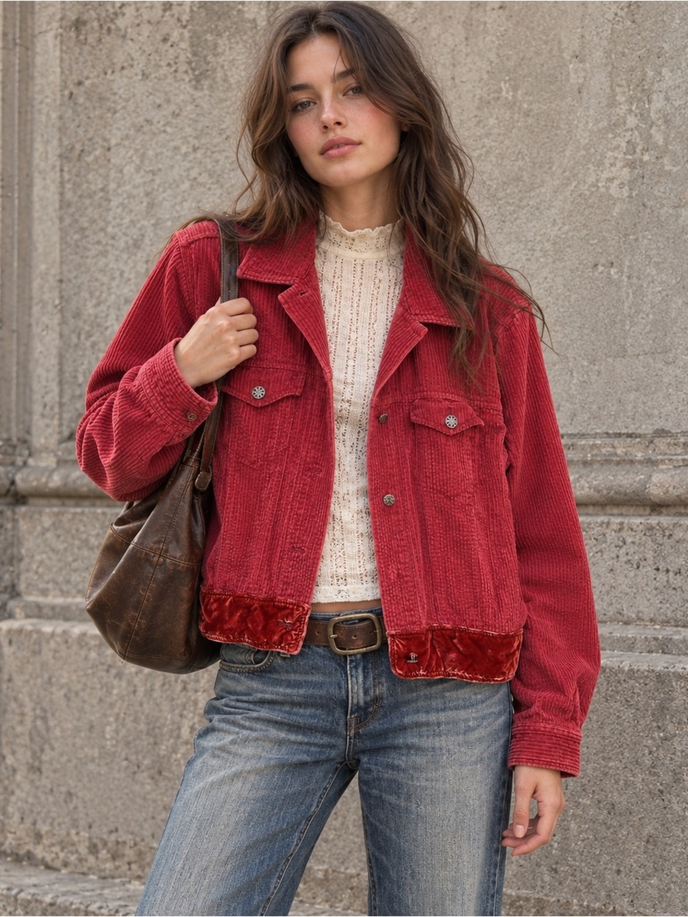 J.Jill Red Corduroy Trucker Jacket Velvet Trim Y2K Boho Small